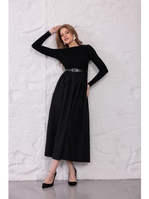 Ckm Moda Bella Kemerli Volan Midi Elbise Siyah