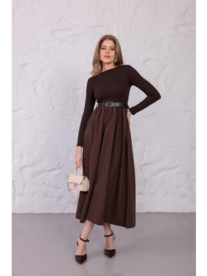 Ckm Moda Bella Kemerli Volan Midi Elbise Kahve