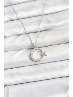 Shoplet Buğz 316L Çelik Zincir Gümüş Renk Ay Yıldız Model Zirkon Taşlı Kadın Kolye