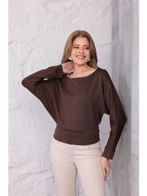 Ckm Moda Luna Yarasa Kol Bel Büzgü Detaylı Bluz Kahve
