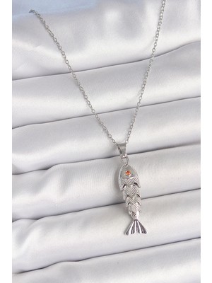 Shoplet Buğz 316L Çelik Zincir Gümüş Renk Zirkon Taşlı Balık Figürlü Kolye