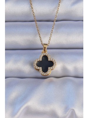 Shoplet Buğz 316L Çelik Gold Renk Siyah Mineli Zirkon Taşlı Yonca Figürlü Kolye