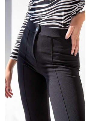 Ckm Moda Faylinn Yüksek Kalite Yüksek Bel Toparlayıcı Ispanyol Paça Pantolon Siyah