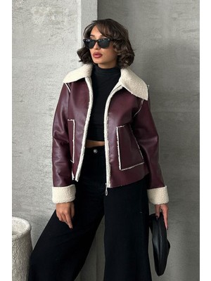 Ckm Moda Kürklü Suni Deri Kısa Mont Bordo Krem