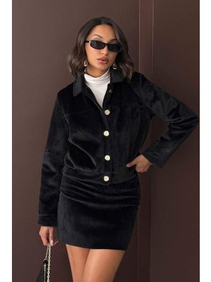 Ckm Moda Kısa Peluş Düğmeli Mont Siyah