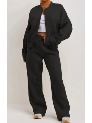 Amor Face Büyük Beden Özel Tasarım Kolej Yaka Fermuarlı Kışlık Ispanyol Paça Kadın Eşofman Takımı