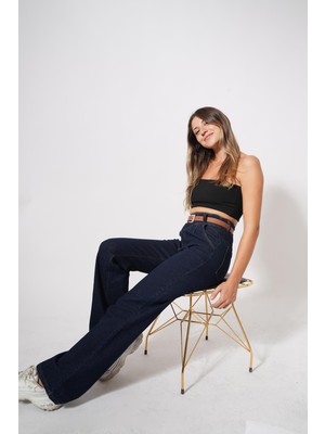 Ckm Moda Sare Yüksek Kalite Kadın Pileli Deri Kemerli Pantolon  Koyu Mavi