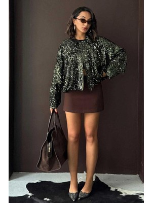 Ckm Moda Oversize Pullu Kadife Bomber Mont Haki