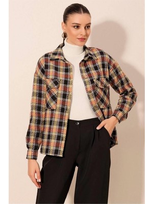 Ckm Moda Audrey Yüksek Kalite Ekose Desen Çift Cepli Kadın Gömlek Kiremit