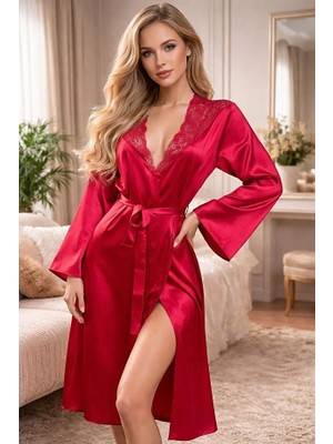 Jermo Kadın Omuz Dantel Detaylı Yarasa Kol Kemerli Kısa Tek Sabahlık