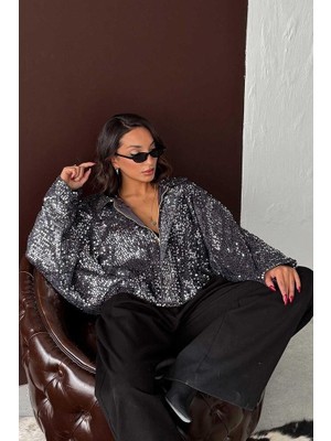 Ckm Moda Oversize Pullu Kadife Bomber Mont Siyah - Gümüş