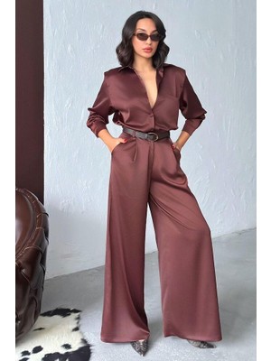 Ckm Moda Lune Yüksek Bel Bol Paça Saten Pantolon Kahve
