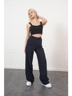 Ckm Moda Cordis Yüksek Kalite Kadın Tek Pileli Bol Paça Pantolon Lacivert