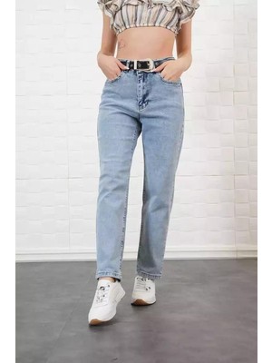 Ckm Moda Jagged Yüksek Kalita Kadın Deri Kemerli Pantolon Mavi