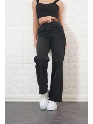 Ckm Moda Sare Yüksek Kalite Kadın Pileli Deri Kemerli Pantolon  Siyah