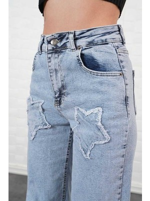 Ckm Moda Eliza Yüksek Kalite Yıldız Nakışlı Palazzo Pantolon Kot Mavi Cilt