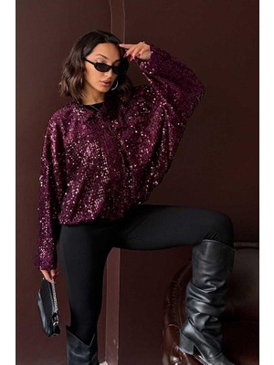 Ckm Moda Oversize Pullu Kadife Bomber Mont Mürdüm