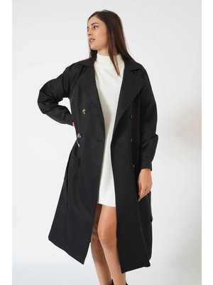Ckm Moda Lango Yüksek Kalite Düğmeli Kadın Trençkot  Siyah