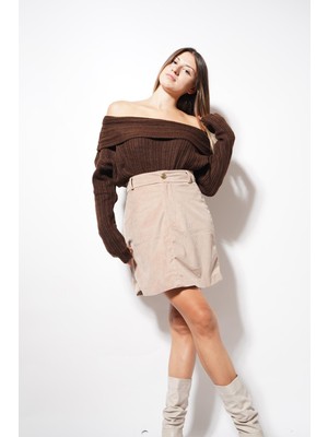 Ckm Moda Staffy Altın Düğmeli Kadife Etek Taba