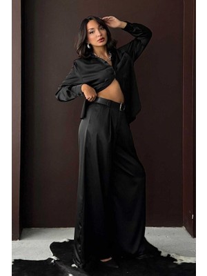 Ckm Moda Lune Yüksek Bel Bol Paça Saten Pantolon Siyah