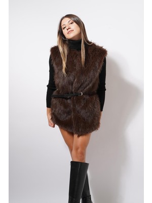 Ckm Moda Lucia Yüksek Kalite Kadın Tüylü Yelek  Kahve