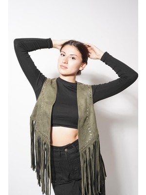 Ckm Moda Kamli Uzun Püsküllü Yelek Haki