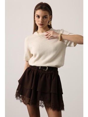 Ckm Moda Elvara Volanlı Dantel Detaylı Mini Etek Kahve