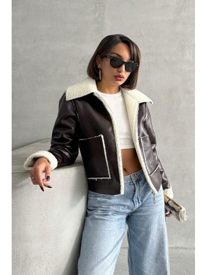 Ckm Moda Kürklü Suni Deri Kısa Mont Kahve Krem