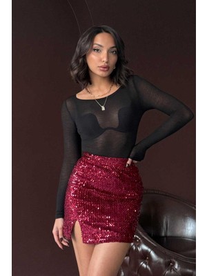 Ckm Moda Astra Işıltılı Yırtmaçlı Mini Etek Bordo