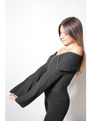 Ckm Moda Kelni Bürümcük Yaka Detay Hırka  Siyah