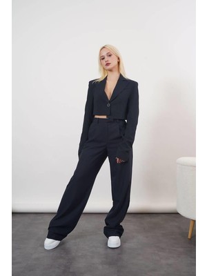 Ckm Moda Diana Yüksek Kalite Kadın Asimetrik Tek Düğmeli Ceket  Lacivert