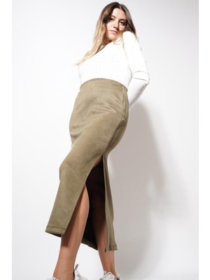 Ckm Moda Eman Süet Yırtmaçlı Etek Haki