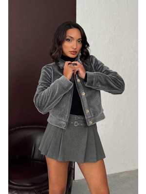 Ckm Moda Kısa Peluş Düğmeli Mont Gri