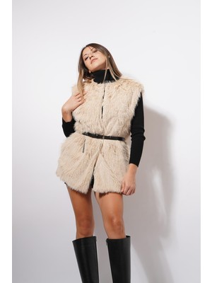 Ckm Moda Lucia Yüksek Kalite Kadın Tüylü Yelek  Bej