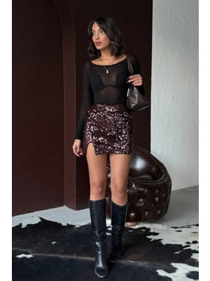 Ckm Moda Astra Işıltılı Yırtmaçlı Mini Etek Kahve