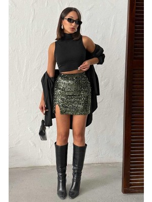 Ckm Moda Astra Işıltılı Yırtmaçlı Mini Etek Haki