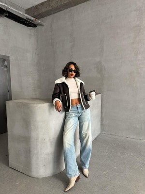 Ckm Moda Kürklü Suni Deri Kısa Mont Haki Krem