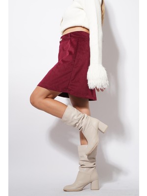 Ckm Moda Staffy Altın Düğmeli Kadife Etek Bordo