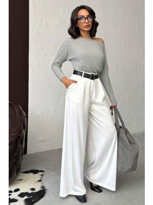 Ckm Moda Lune Yüksek Bel Bol Paça Saten Pantolon Krem