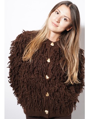 Ckm Moda Broke Püsküllü Kalp Düğmeli Triko Hırka  Kahve