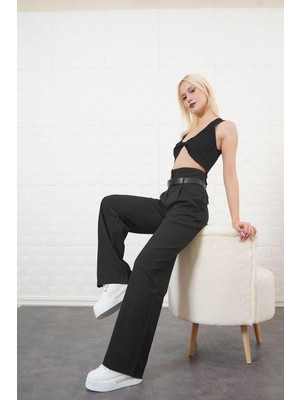 Ckm Moda Ancil Yüksek Kalite Kadın Kemer Detay Yüksek Bel Pantolon Siyah