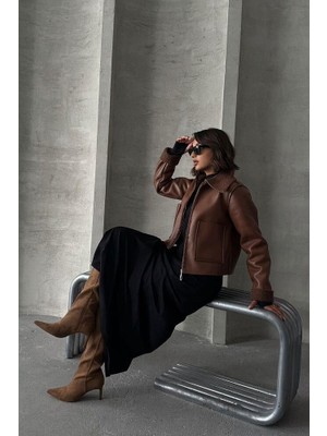 Ckm Moda Kürklü Suni Deri Kısa Mont Kahve