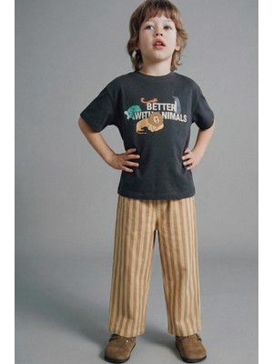 Magu Erkek Çocuk Pamuklu Baskılı T-Shirt ve Çizgili Eşofman Takımı