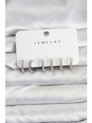 Erbilden Erb Gümüş Renk Pirinç Zirkon Taşlı Halka Kadın Küpe Seti