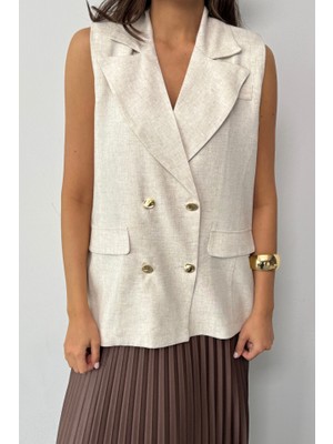 Nova Epoxy Art Gold Düğmeli Keten Yelek - Ham