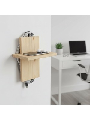 Minimalist Ahşap Duvar Rafı - Yapışkanlı Telefon ve Şarj Istasyonu - Organizatör Raf