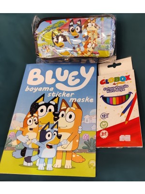 Ada Çanta Kırtasiye 3'ü 1 Arada - Bluey Figürlü Çift Bölmeli Kalem Kutusu,boyama Kitabı ve 12 Li Kuruboya Kalemi