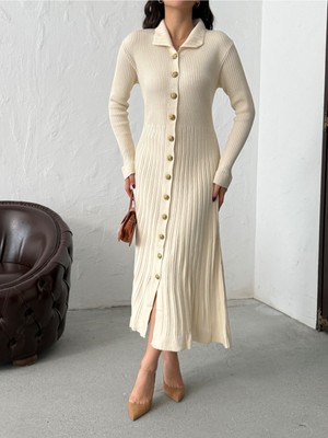 Bejna Kadın Şık Düğmeli Uzun Triko Gömlek Elbise