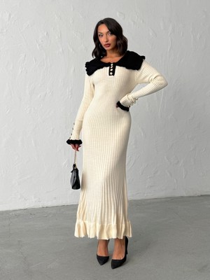 Bejna Kadın Bebe Yaka Inci Düğmeli Volanlı Uzun Triko Elbise