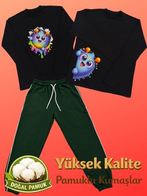Pidal Giyim Avantajlı Üçlü Paket Canavar Temalı Pamuklu Uzun Kollu Unisex Çocuk Eşofman Takımı